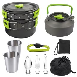 2-3 People Outdoor Teapot Set Pot Combination Camping Folding Pot Cookware Set (select: k05-green)