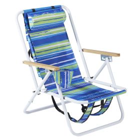 Folding Beach Chair, 4 Position Portable Backpack Foldable Camping Chair with Headrest Cup Holder and Wooden Armrests, Blue & Green Stripes