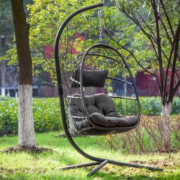 In door outdoor patio Wicker Hanging Chair Swing Chair Patio Egg Chair UV Resistant Dark grey cushion Aluminum frame