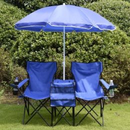 Double Folding Picnic Camping Chair with Umbrella&#44;Table & Cooler Beach