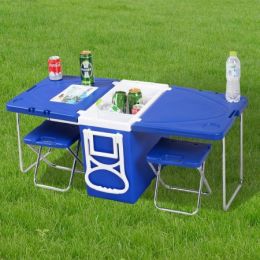 Rolling Cooler with Table & 2 Chairs Picnic Camping Multi-Function&#44; Blue
