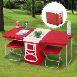 Online Gym Shop CB16948 Outdoor Picnic Camping Rolling Cooler with Table & 2 Chairs&#44; Red