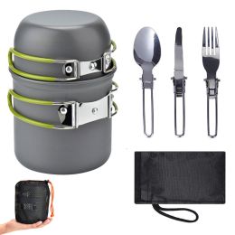 Outdoor Pot Set For 1-2 People Portable Camping Cooker With Cutlery (Color: SI05-green)