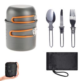Outdoor Pot Set For 1-2 People Portable Camping Cooker With Cutlery (Color: SI05-orange)