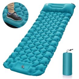 Outdoor inflatable pad foot pedal light portable outdoor camping inflatable mattress lunch break sleeping pad tent inflatable pad (Color: Blue)