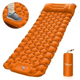 Outdoor inflatable pad foot pedal light portable outdoor camping inflatable mattress lunch break sleeping pad tent inflatable pad (Color: Orange)